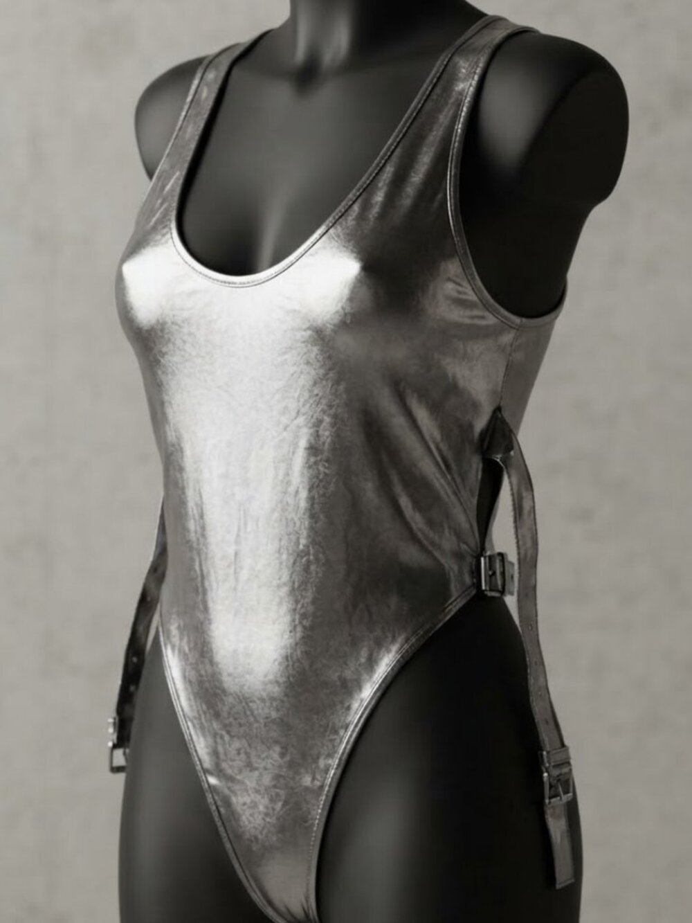 Y2K Futuristic Wet Look Thong Bodysuit x large